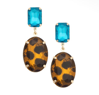 Parker Crystal Drop Earrings featuring teal rectangular crystals, tortoise-inspired oval drops, and gold-tone accents.