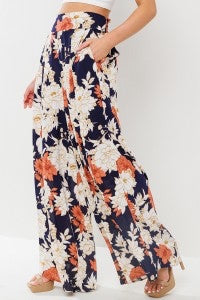 Navy Floral Wide Leg Pants