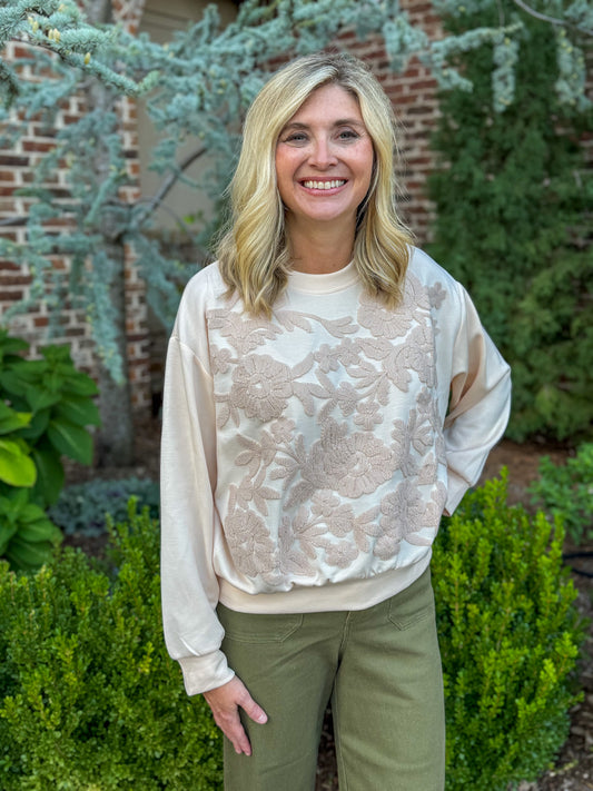 Cream Blossom Embroidered Sweatshirt