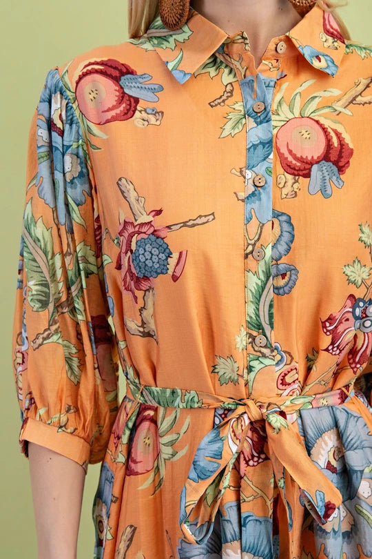 Sunset Bloom Midi Shirt Dress