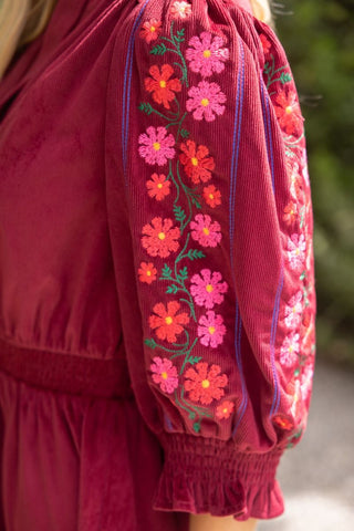 Crimson Bloom Corduroy Dress