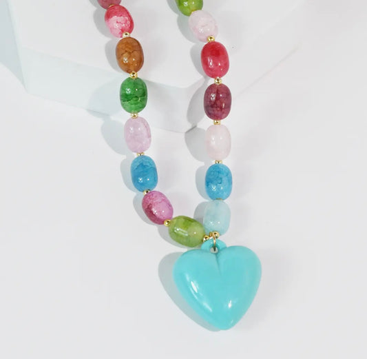colorful beaded necklace with turquoise heart pendant