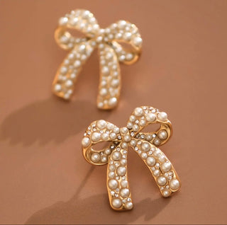 Pearl Bow Stud Earrings | Gold Pearl Statement Earrings