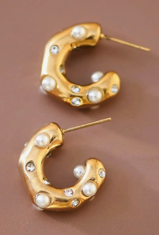 18k gold dipped pearl c hoop earrings with crystal accents