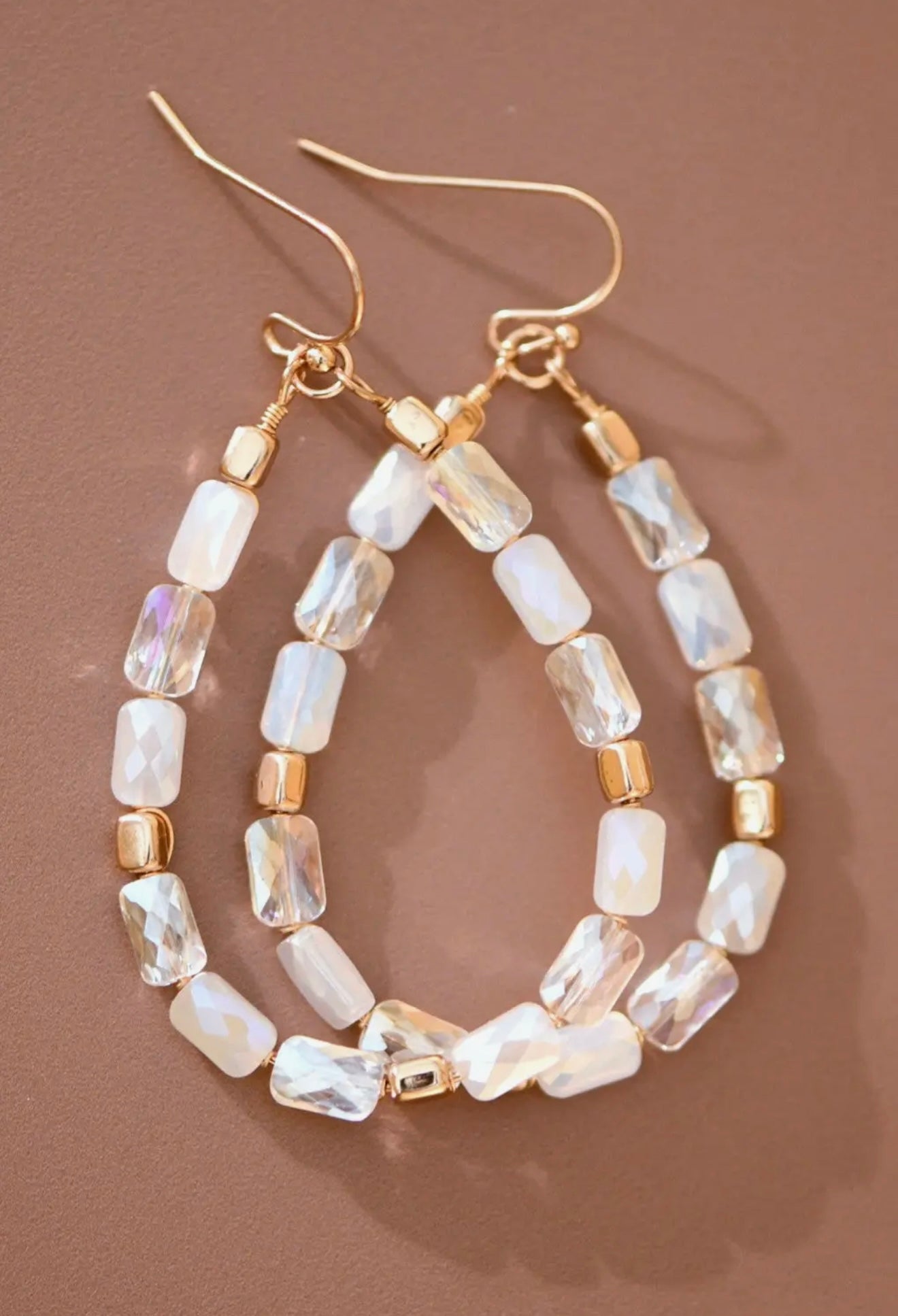 teardrop wire beaded glass crystal dangle earrings with mixed white crystals