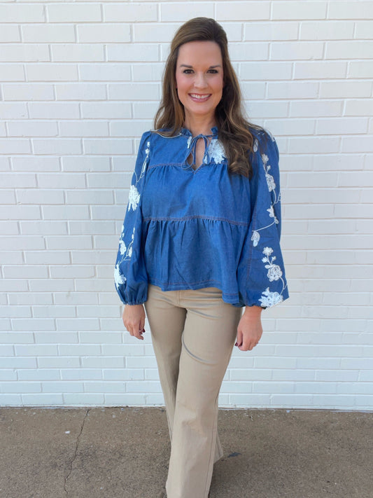 Embroidered Denim Top