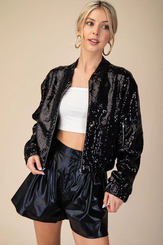 Black Sequin Bomber Jacket