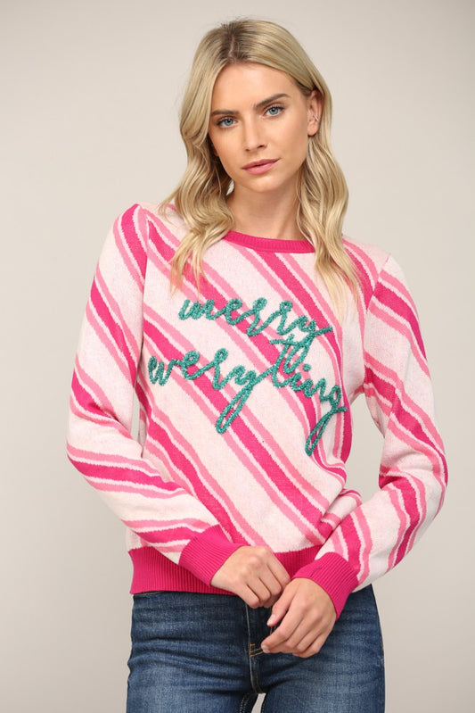 GLITTER SCRIPT STRIPE HOLIDAY SWEATER