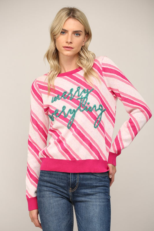 GLITTER SCRIPT STRIPE HOLIDAY SWEATER