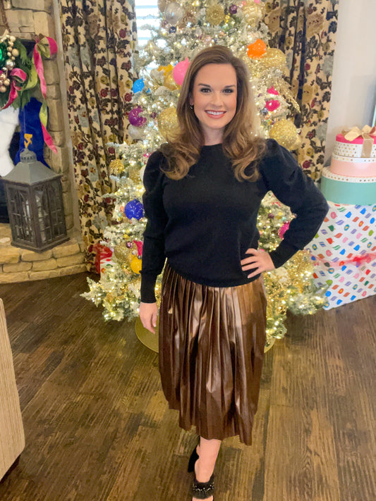 Copper Faux Leather Midi Skirt