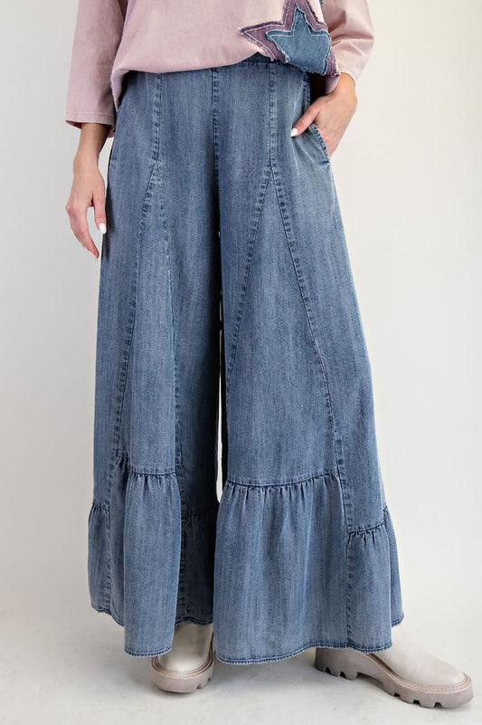 Ruffle Hem Washed Denim Palazzo Pants