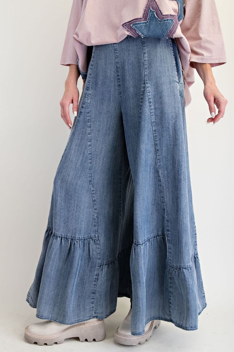 Ruffle Hem Washed Denim Palazzo Pants