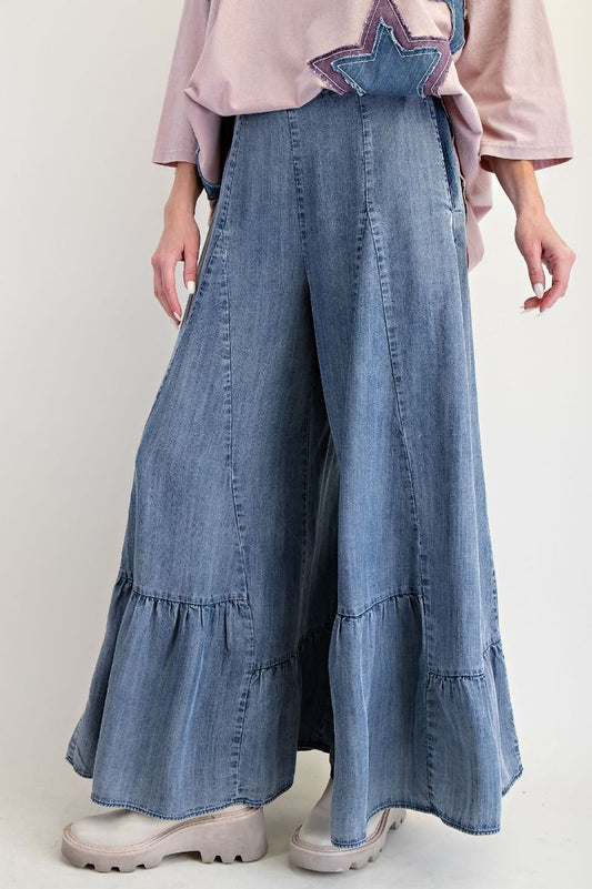 Ruffle Hem Washed Denim Palazzo Pants