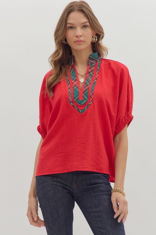 Red Holly Plaid Accent Dolman Top