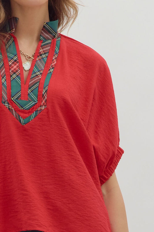 Red Holly Plaid Accent Dolman Top