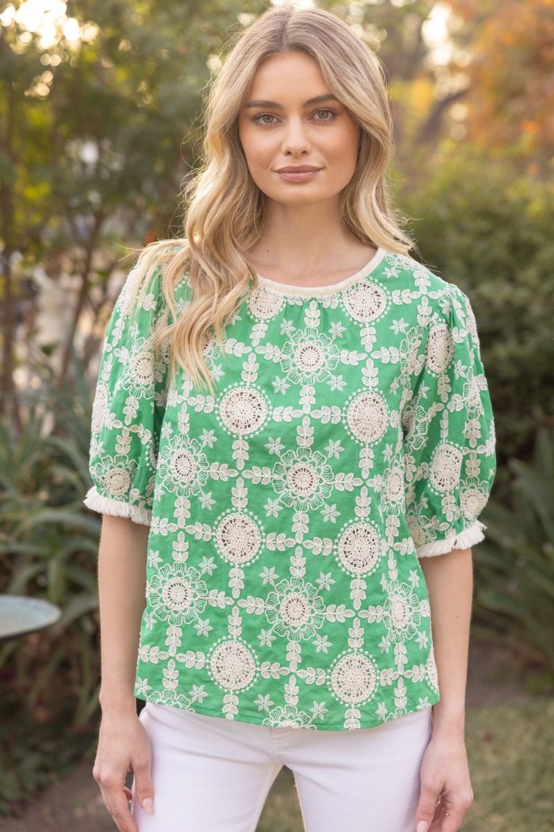 Green Embroidered Fringe Top