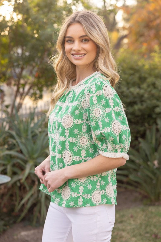 Green Embroidered Fringe Top