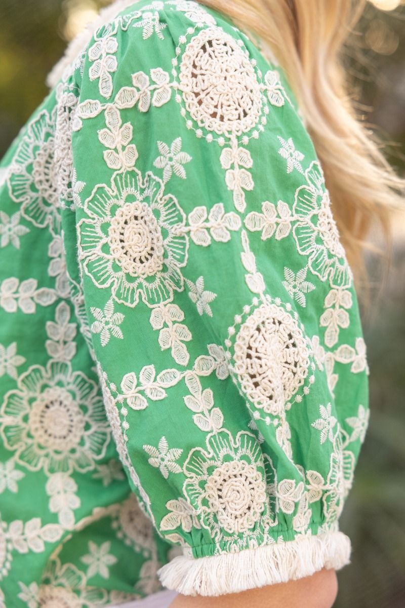 Green Embroidered Fringe Top