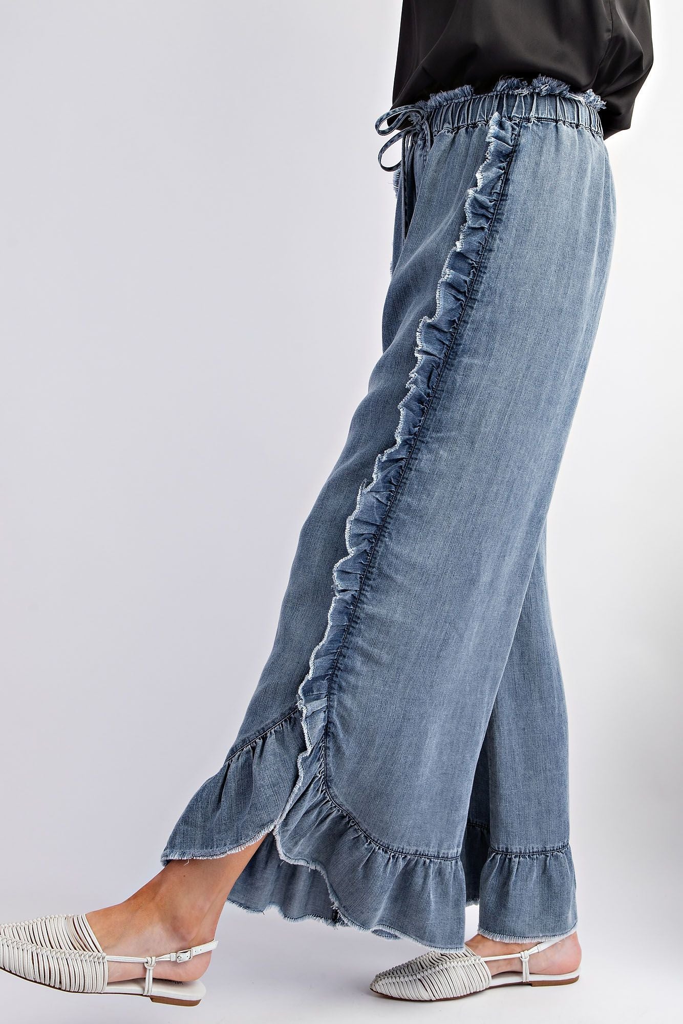 Plus Size Ruffle Chambray Pants