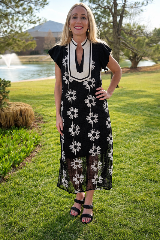 Midnight Daisy Crochet Midi Dress