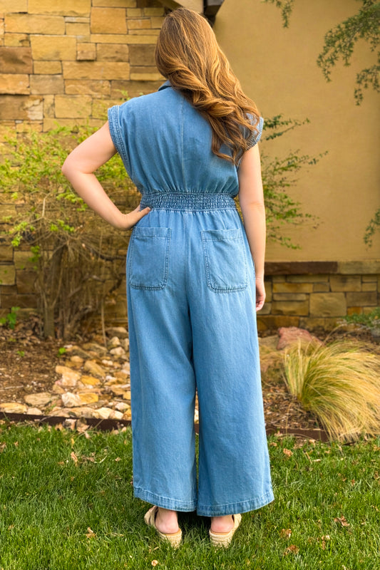 Women’s chambray sleeveless wide leg jumpsuit with collared neckline and relaxed fit for everyday boutique style
