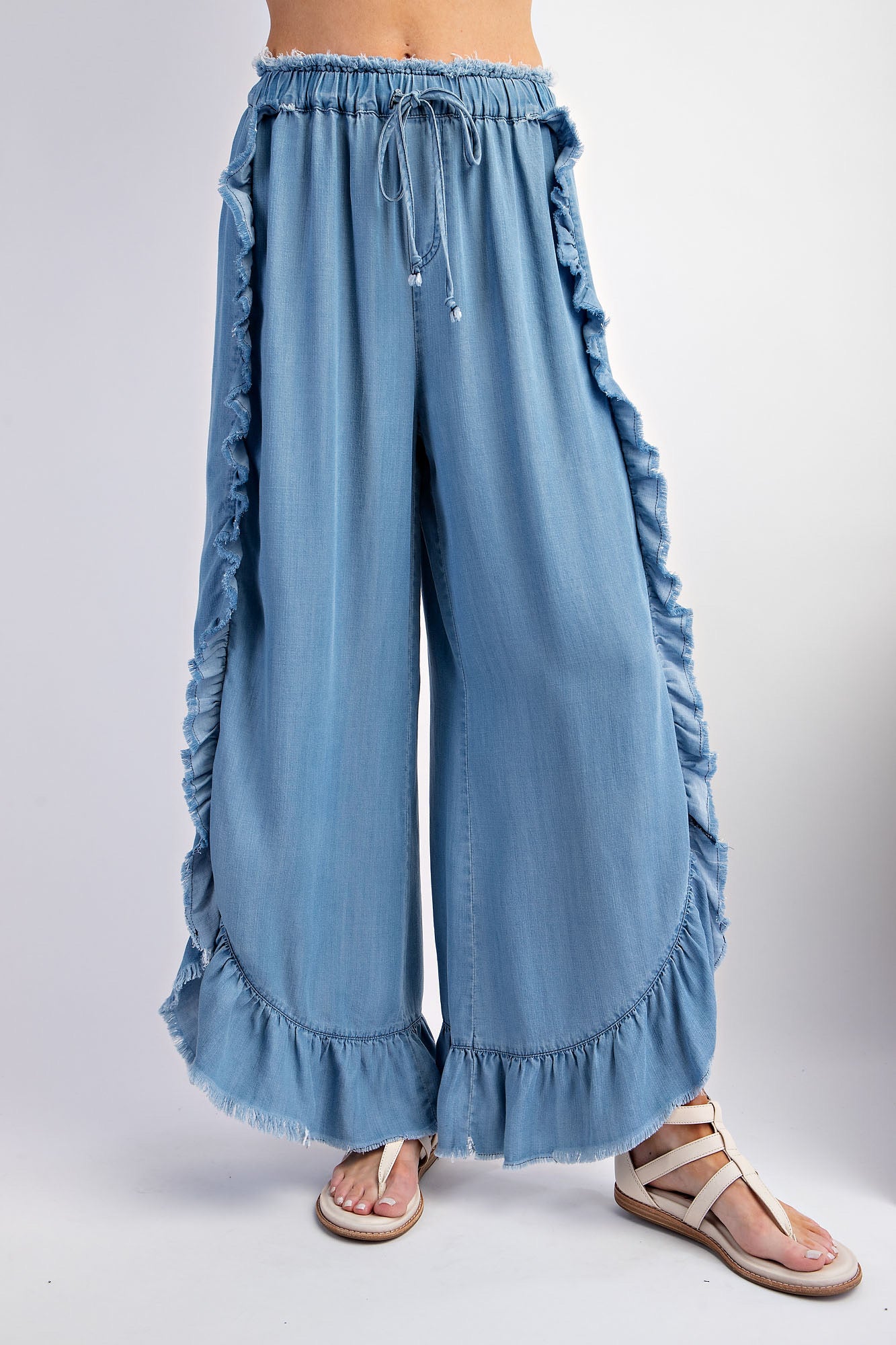 Light Denim Ruffle Pants