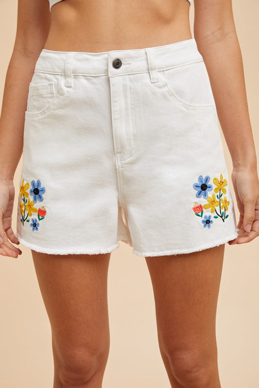 White Denim Blossom Shorts