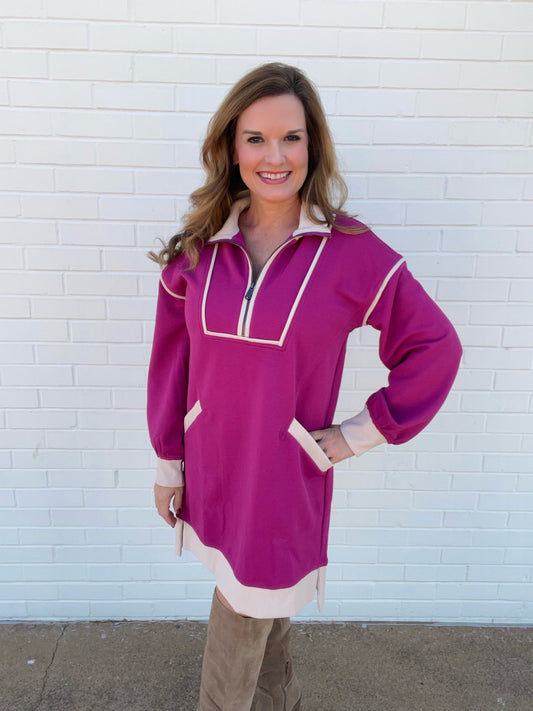 Magenta Long Sleeve Collared Dress