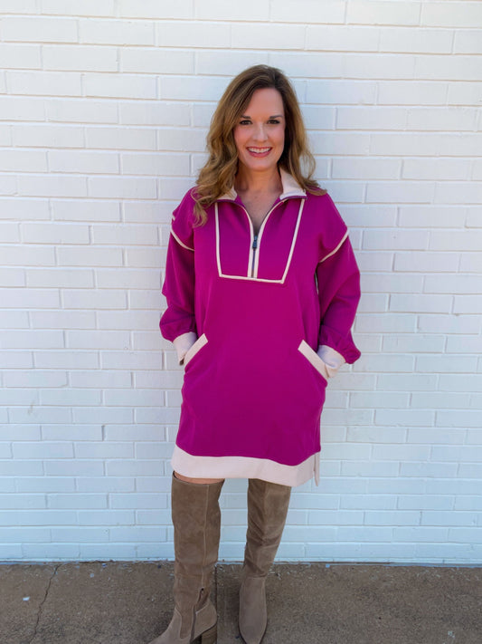 Magenta Long Sleeve Collared Dress